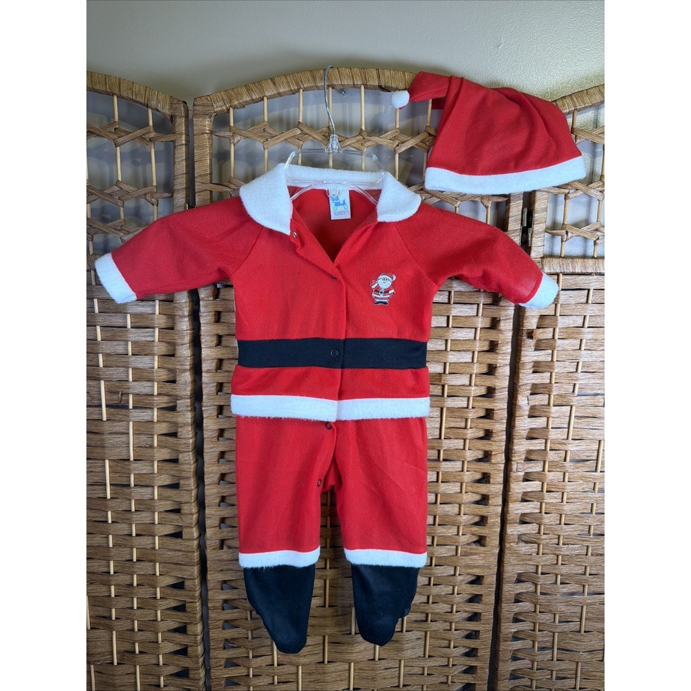 VTG TERRY Brand Full Santa Suit Footed Pajama Outfit 6-9 Months Snap Crotch Hat